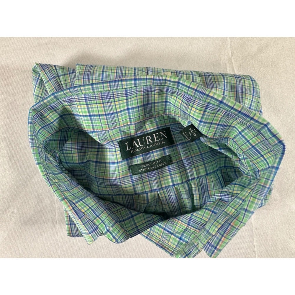 Lauren Ralph Lauren Mens XL 17 34/35 Regular Fit Stretch Plaid Shirt Green Blue